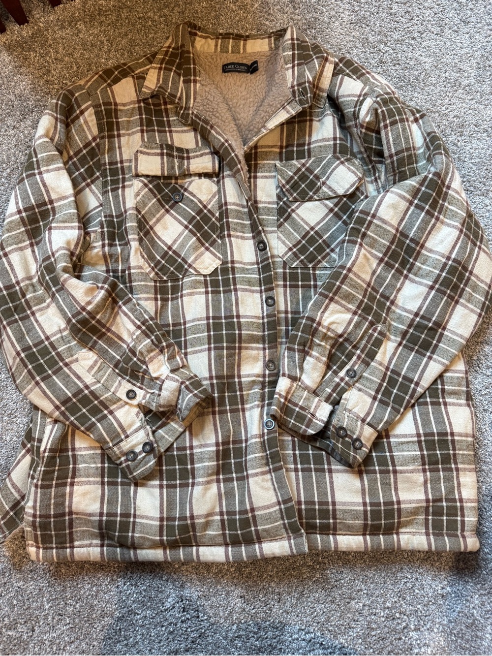 Faded Glory Plaid Sherpa-Lined Button-Up Jacket - Brown & Cream - Men’s XXL